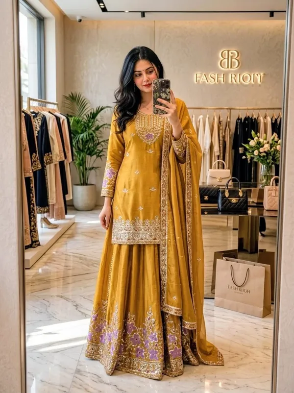Mustard_Chinon_Silk_Straight_Embroidered_Kurta_Sharara_Set_For_Women