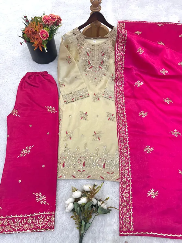 Cream_Pink_Zmy_Silk_Straight_Suit_Set_For_Women