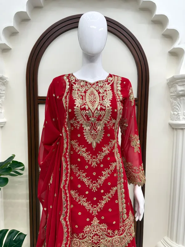 Red_Faux_Georgette_Flared_Sharara_Set_For_Women
