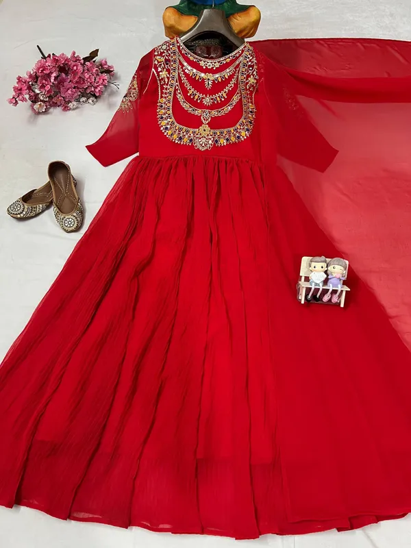 Red_Faux_Georgette_Flared_Embroidered_Anarkali_Dress_For_Women