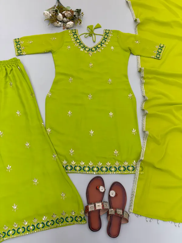 Lime_Green_Georgette_Straight_Embroidered_Kurta_Set_For_Women