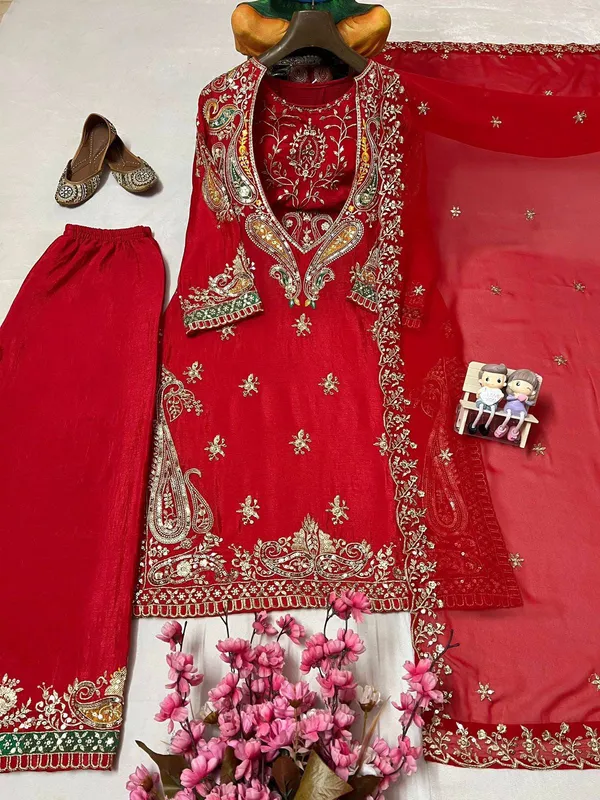 Red_Chinon_Georgette_Straight_Embroidered_Kurta_Set_For_Women