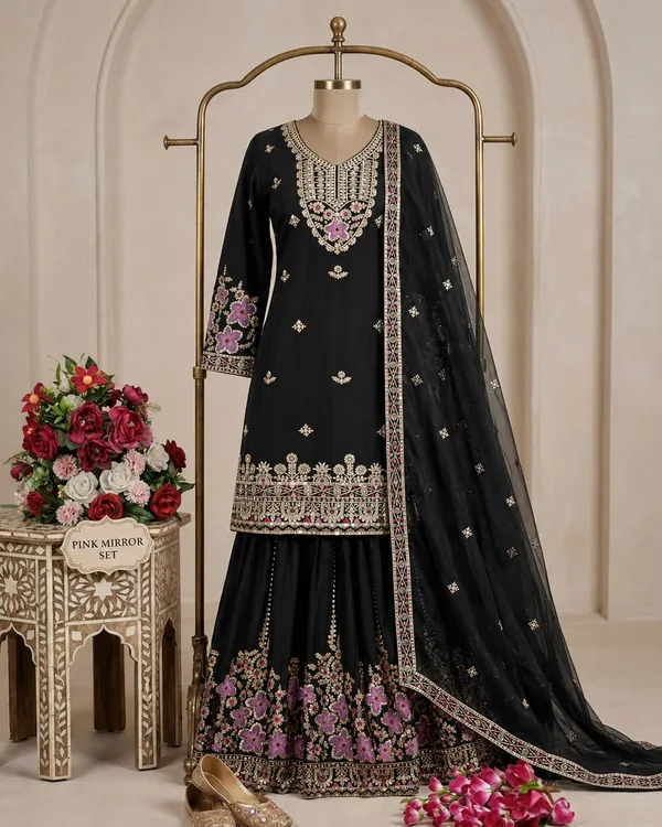 Black_Chinon_Silk_Straight_Embroidered_Kurta_Sharara_Set_For_Women