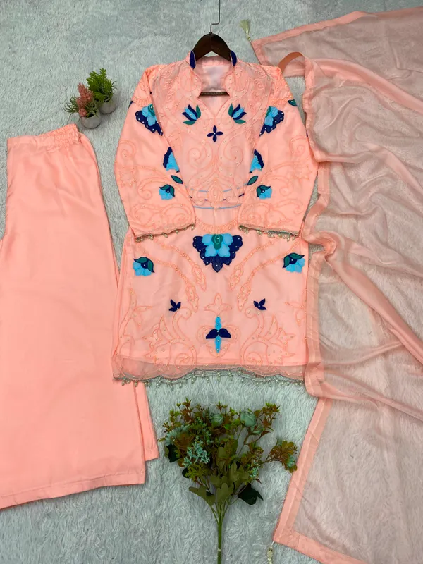 Peach_Organza_Straight_Embroidered_Kurta_Set_For_Girls