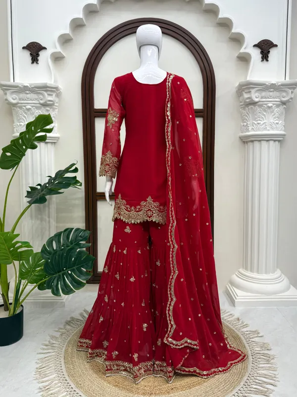 Red_Faux_Georgette_Flared_Sharara_Set_For_Women