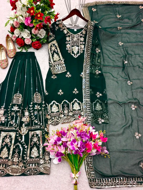 Dark_Green_Faux_Georgette_Embroidered_Sharara_Suit_For_Women