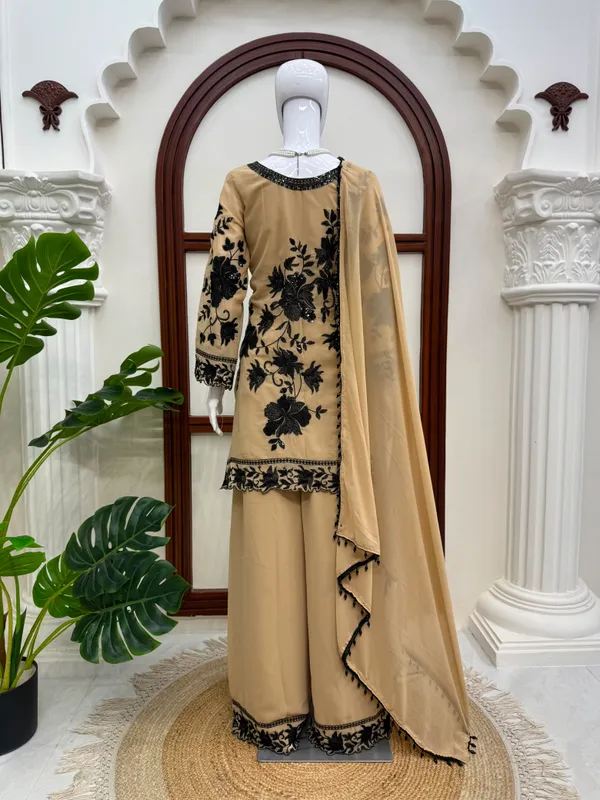 Beige_Faux_Georgette_Straight_Embroidered_Kurta_Set_For_Women