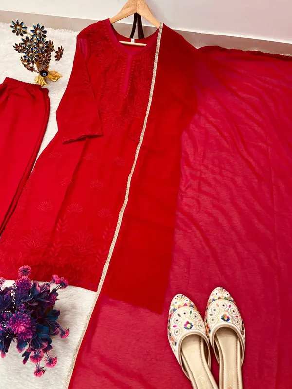 Red_Faux_Georgette_Straight_Embroidered_Kurta_Set_For_Women