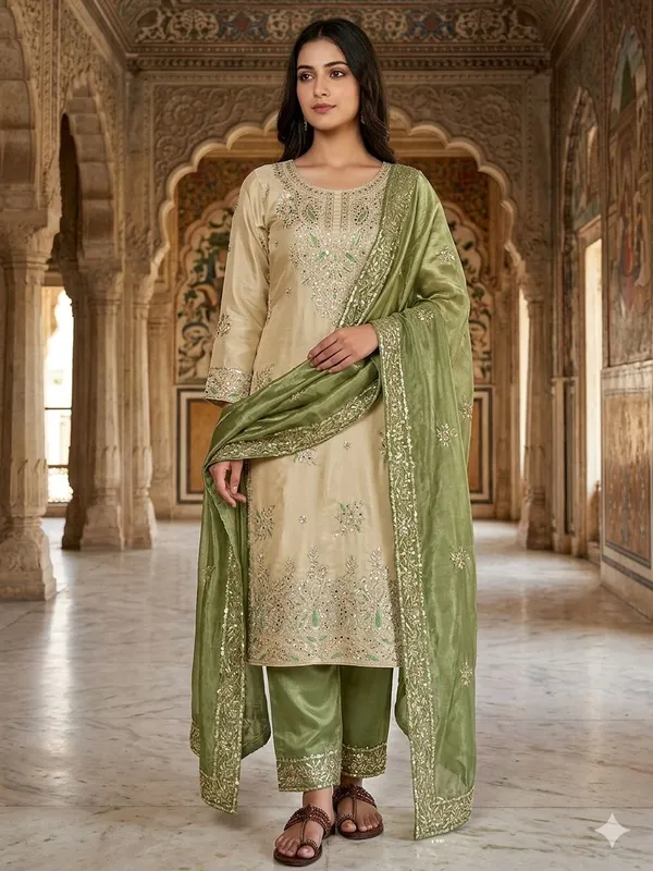 Olive_Green_Beige_Zmy_Silk_Straight_Salwar_Suit_Set_For_Women