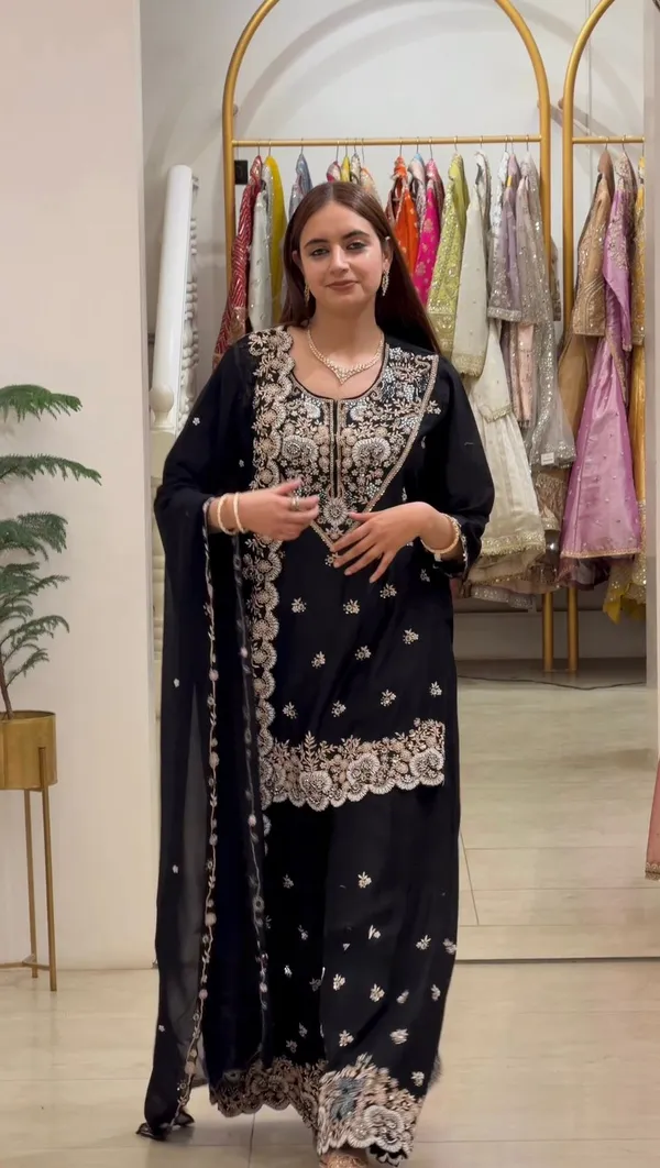 Black_Faux_Georgette_Straight_Kurta_Set_For_Women