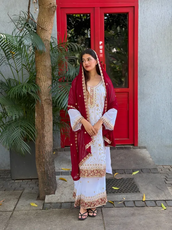 White_Red_Faux_Georgette_Straight_Kurta_Set_For_Women