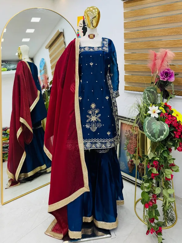 Navy_Blue_Jimmy_Choo_Silk_Straight_Embroidered_Suit_Set_For_Women