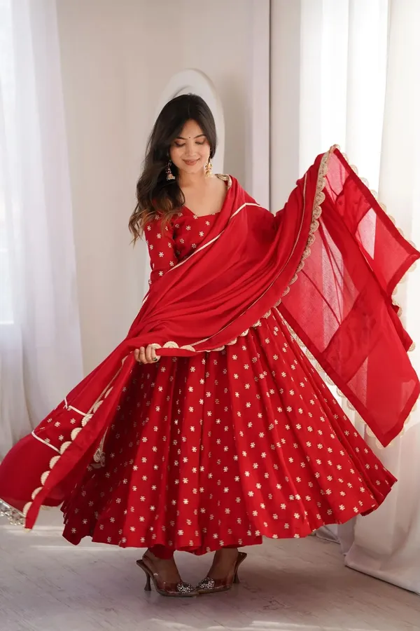 Red_Chinon_Silk_Flared_Anarkali_Dress_Set_For_Women