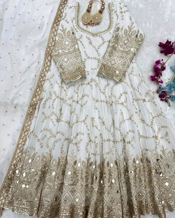 White_Chinon_Silk_Flared_Anarkali_Suit_Set_For_Women