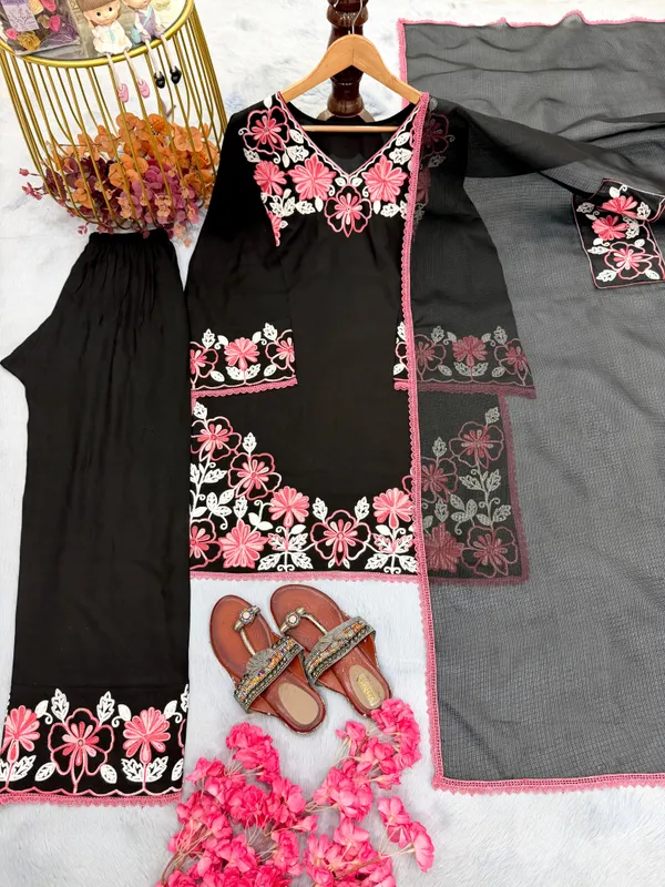 Black_Rayon_Straight_Floral_Embroidered_Suit_Set_For_Women