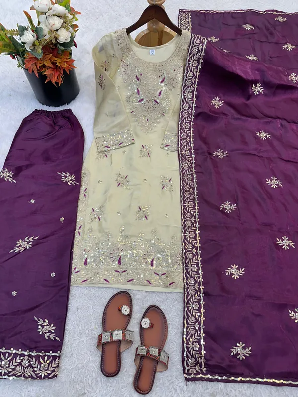 Cream_Purple_Zmy_Silk_Straight_Suit_Set_For_Women