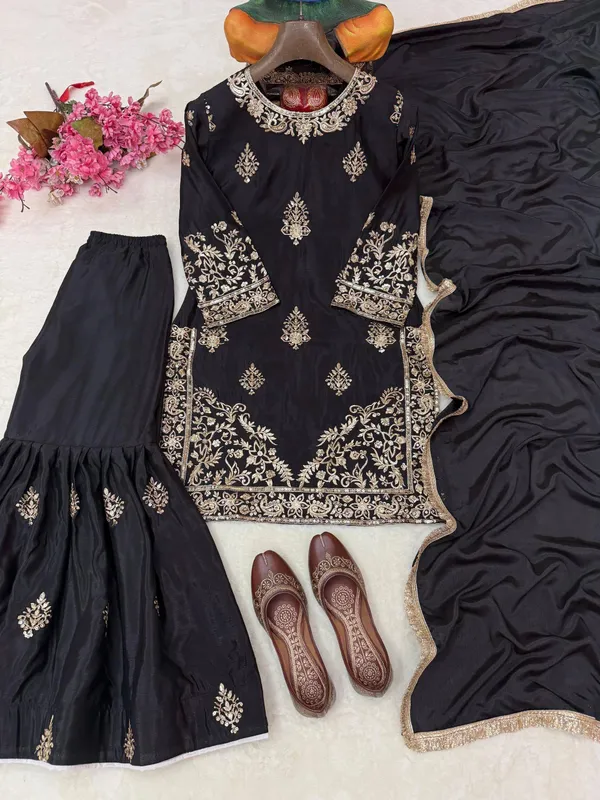 Black_Chinon_Silk_Embroidered_Sharara_Suit_For_Women