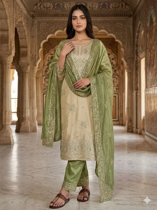 Olive_Green_Beige_Zmy_Silk_Straight_Salwar_Suit_Set_For_Women