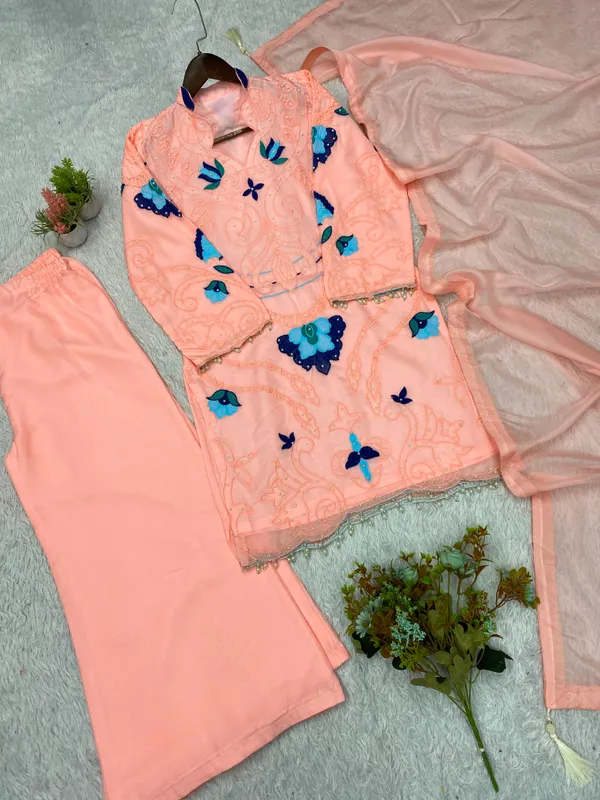 Peach_Organza_Straight_Embroidered_Kurta_Set_For_Girls