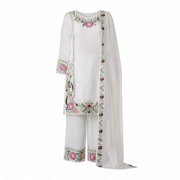 White_Faux_Georgette_Straight_Embroidered_Kurta_Set_For_Women