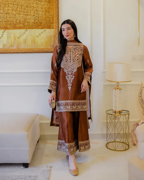 Brown_Chinon_Straight_Embroidered_Suit_Set_For_Women