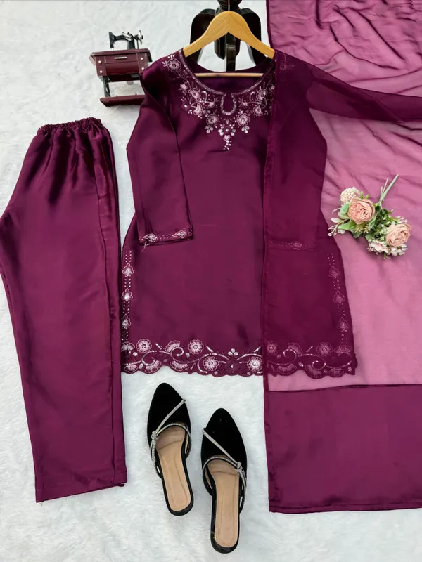 Wine_American_Silk_Straight_Embroidered_Kurta_Set_For_Women