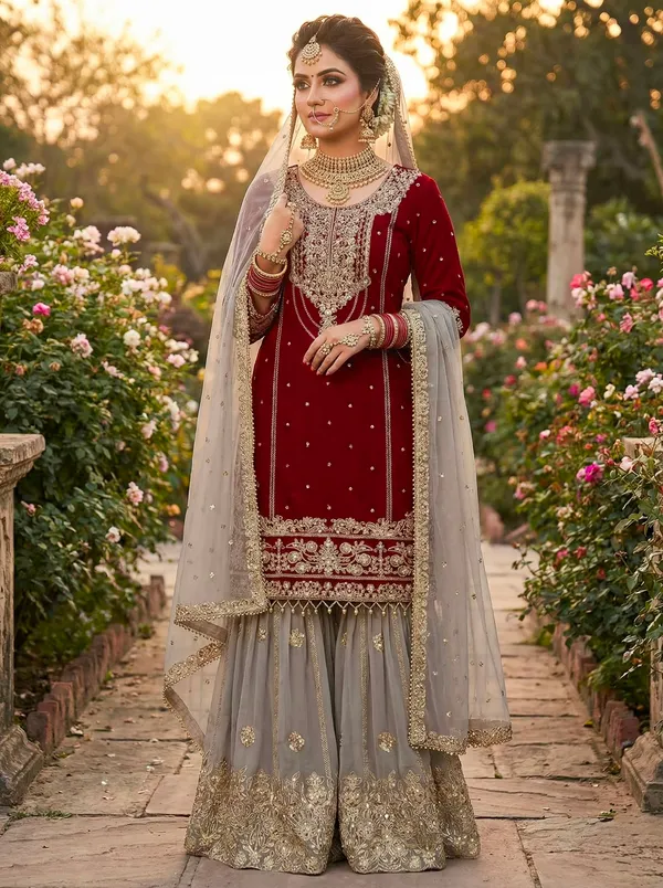 Maroon_Grey_Georgette_Embroidered_Sharara_Suit_Set_For_Women