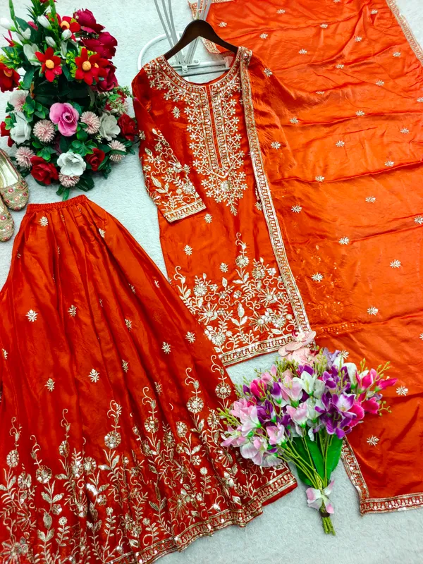 Orange_Silk_Embroidered_Kurta_Sharara_Set_For_Women