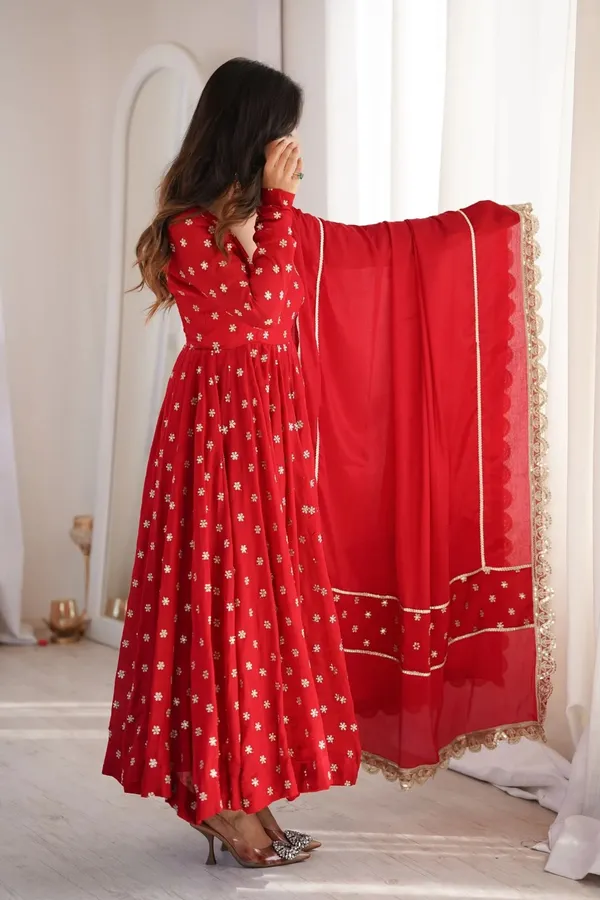 Red_Chinon_Silk_Flared_Anarkali_Dress_Set_For_Women
