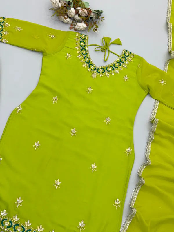 Lime_Green_Georgette_Straight_Embroidered_Kurta_Set_For_Women