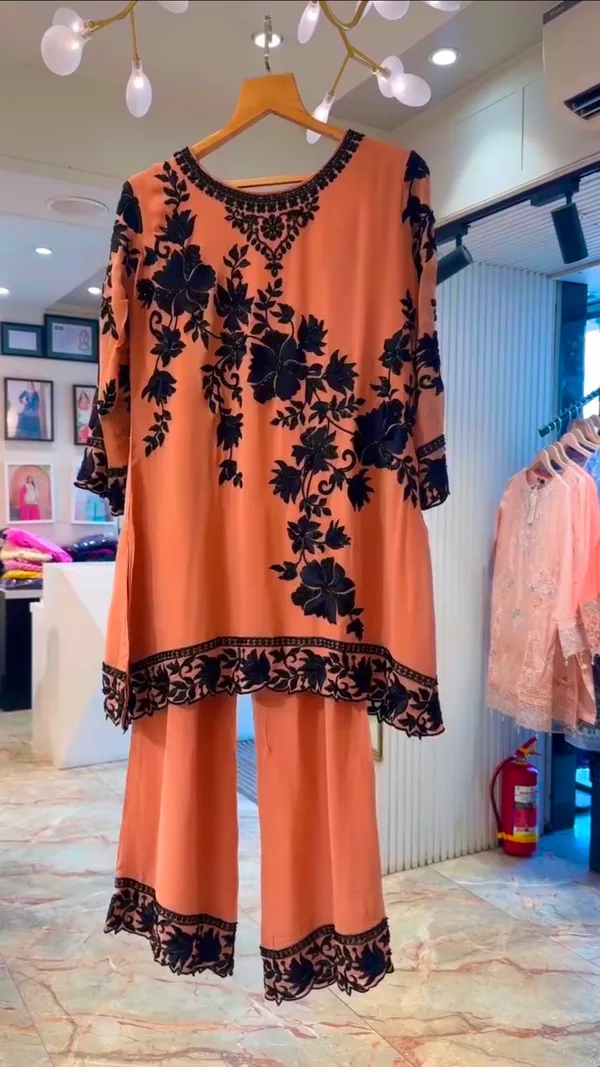 Peach_Faux_Georgette_Straight_Kurta_Palazzo_Set_For_Women