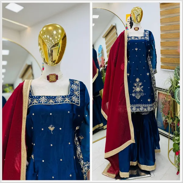 Navy_Blue_Jimmy_Choo_Silk_Straight_Embroidered_Suit_Set_For_Women