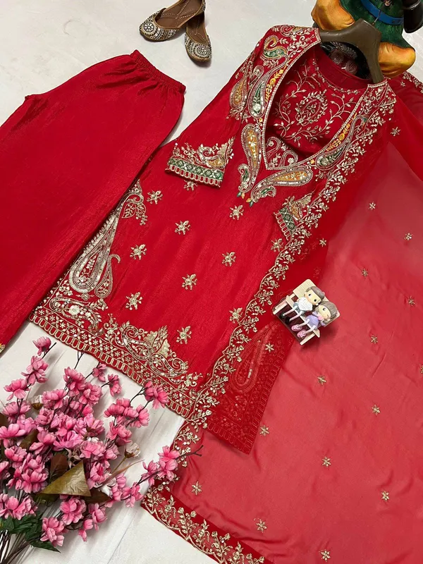 Red_Chinon_Georgette_Straight_Embroidered_Kurta_Set_For_Women