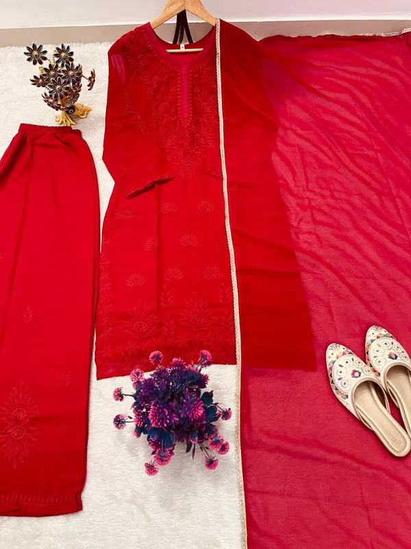 Red_Faux_Georgette_Straight_Embroidered_Kurta_Set_For_Women