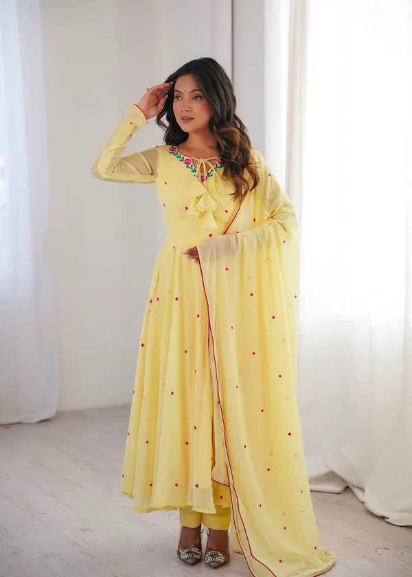 Yellow_Faux_Georgette_Flared_Anarkali_Suit_Set_For_Women