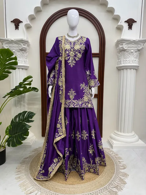 Purple_Chinnon_Silk_Embroidered_Sharara_Suit_For_Women