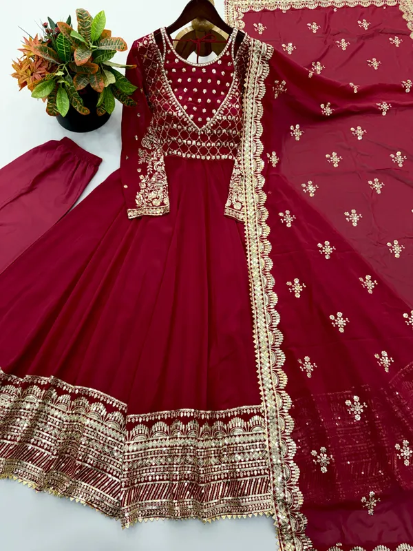 Maroon_Georgette_Flared_Embroidered_Anarkali_Suit_Set_For_Women