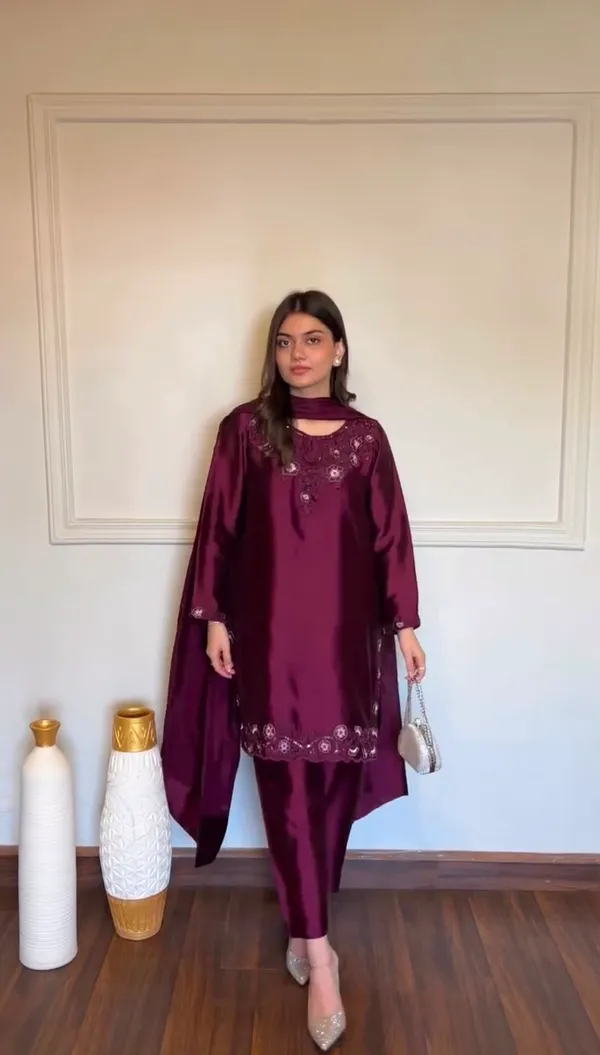 Wine_American_Silk_Straight_Embroidered_Kurta_Set_For_Women