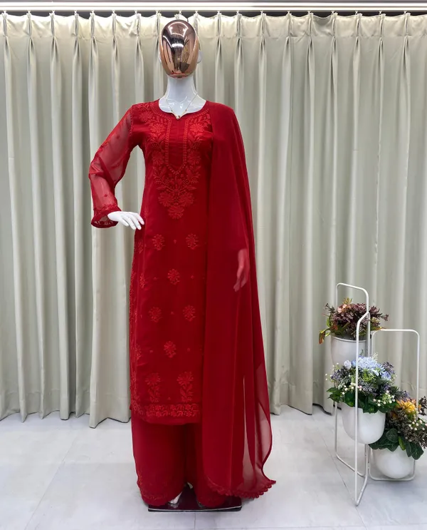 Red_Georgette_Straight_Embroidered_Kurta_Set_For_Women
