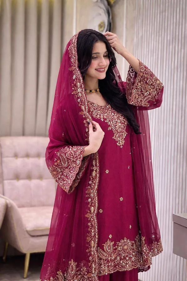 Maroon_Silk_Embroidered_Straight_Kurta_Set_For_Women