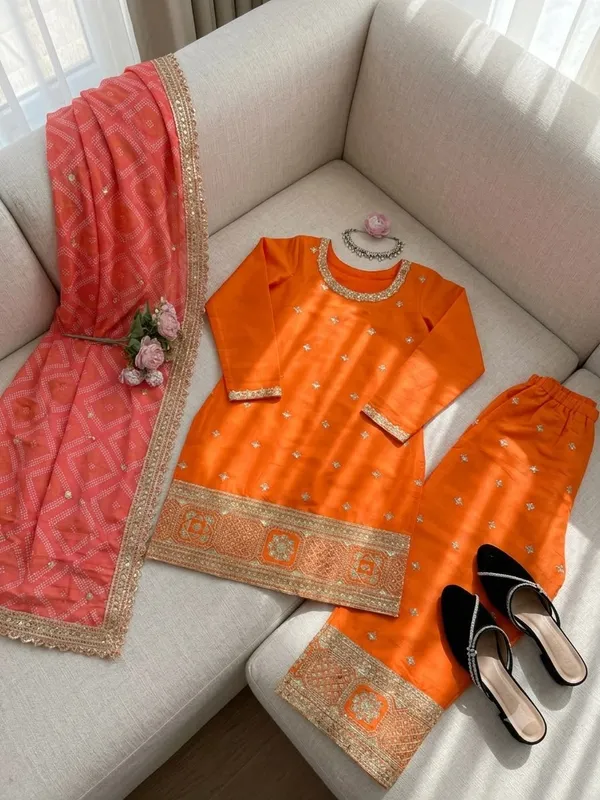 Orange_Chinon_Straight_Embroidered_Kurta_Set_For_Women