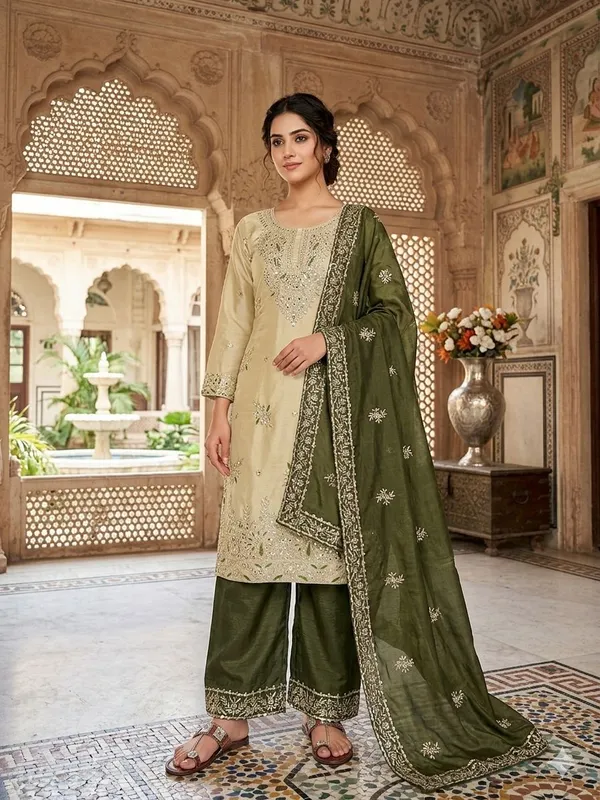 Beige_Olive_Green_Zmy_Silk_Straight_Kurta_Set_For_Women