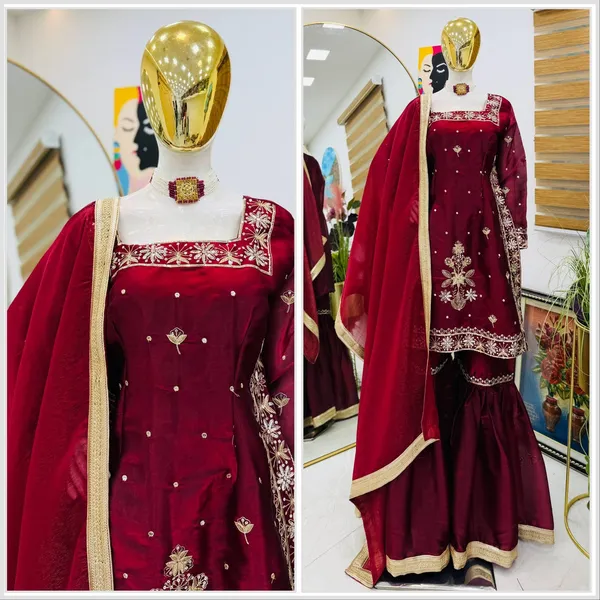 Maroon_Jimmy_Choo_Silk_Embroidered_Kurta_Sharara_Set_For_Women