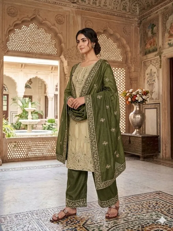 Beige_Olive_Green_Zmy_Silk_Straight_Kurta_Set_For_Women