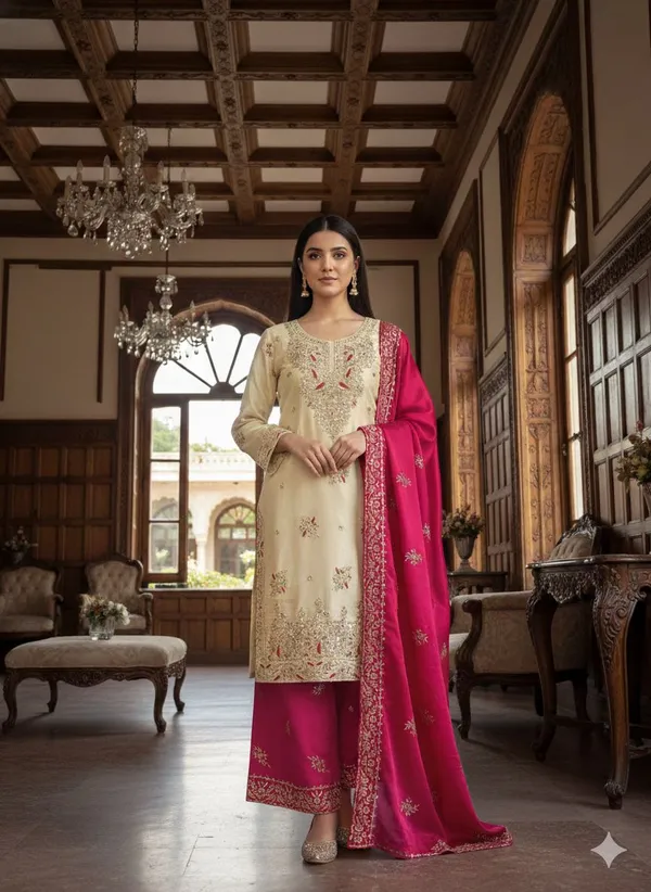 Cream_Pink_Zmy_Silk_Straight_Suit_Set_For_Women