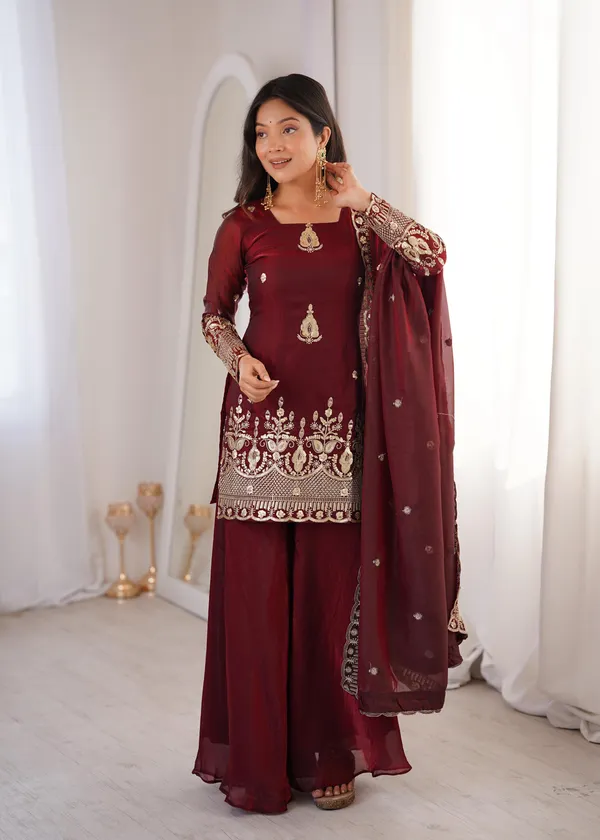 Maroon_Fendi_Silk_Embroidered_Sharara_Set_For_Women