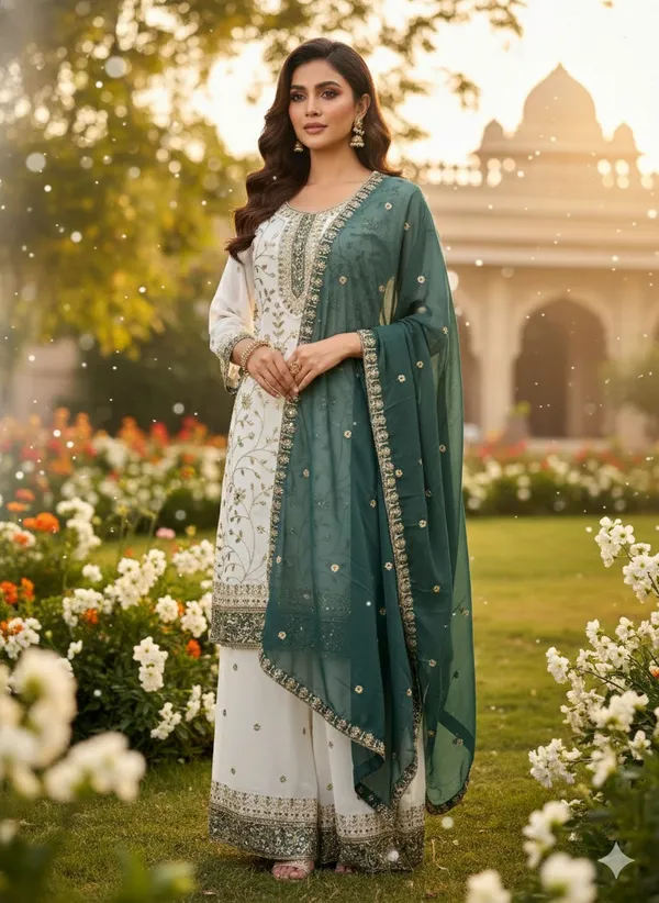 White_Deep_Green_Faux_Georgette_Straight_Salwar_Suit_For_Women