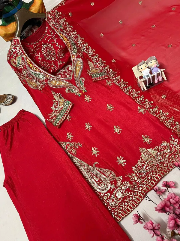 Red_Chinon_Georgette_Straight_Embroidered_Kurta_Set_For_Women