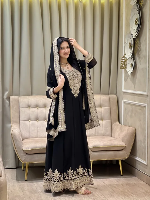 Black_Faux_Georgette_Flared_Anarkali_Suit_For_Women