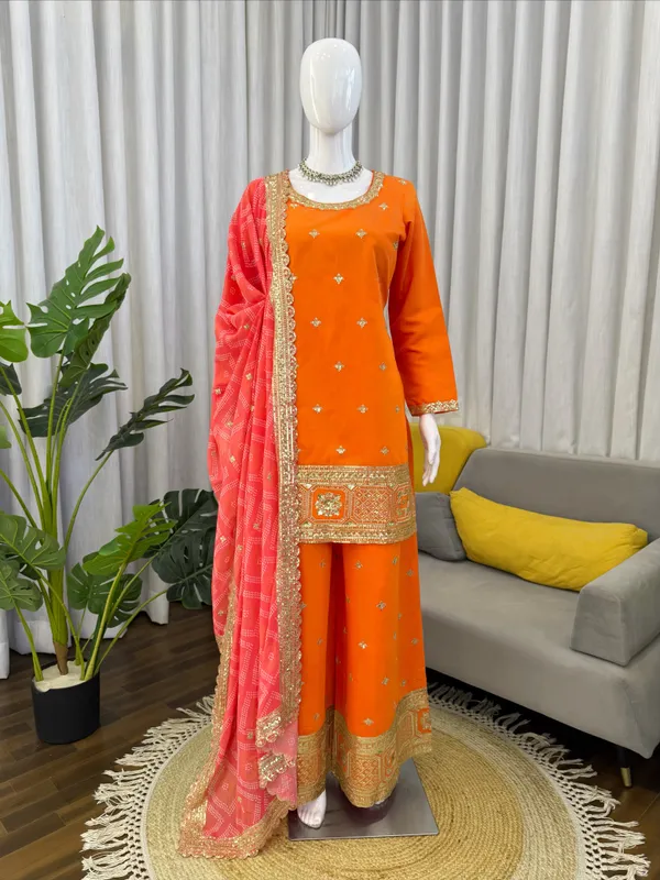 Orange_Chinon_Straight_Embroidered_Kurta_Set_For_Women